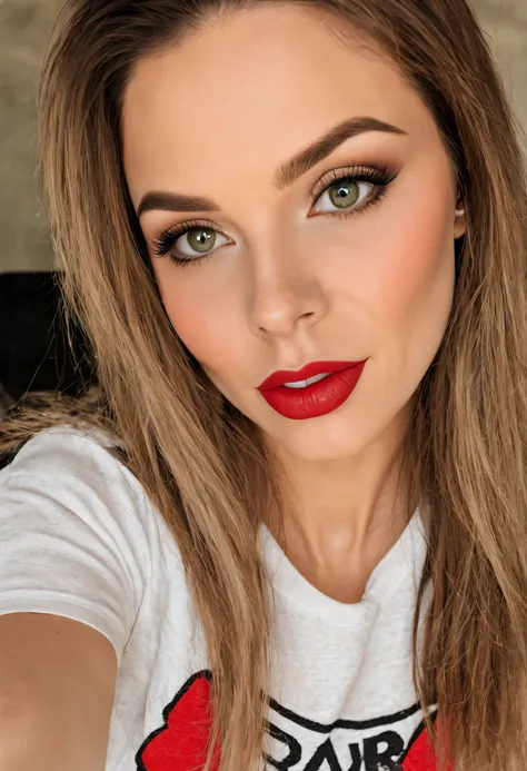 texture selfie flash photography of a ohwx woman with __haircolor__ __hair__ hair top down close-up, wearing t-shirt, alluring, red lipstick