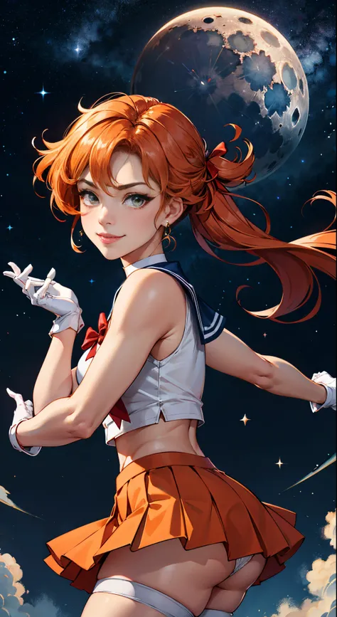 masutepiece, Best Quality, hight resolution, SV1, Sailor Senshi Uniform, Orange skirt, pants white shortle view、elbow groves, tiarra, Pleated skirt, Flipping up a miniskirt, White panty、Red bow, orangechoker, White Gloves, Jewelry, Starry sky, badass pose,...