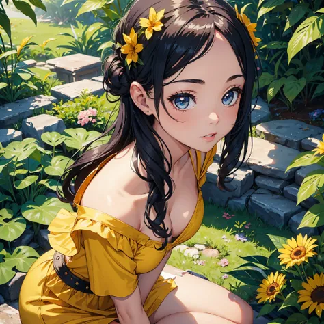 (melhor qualidade, Altas, ultra-detalhado), menina negra, belos olhos detalhados, beautiful detailed lips, long eyelashes, tom de pele escuro, curly hair, usando um vestido preto elegante, standing confidently in a vibrant garden, surrounded by lush vegeta...