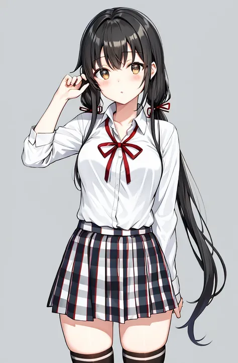 yukino yukinoshita, absurdres,  highres, solo, school uniform, big breasts, waist long black hair, twintails, miniskirt, black thighhigh socks, loose red ribbon, unbuttoned white shirt