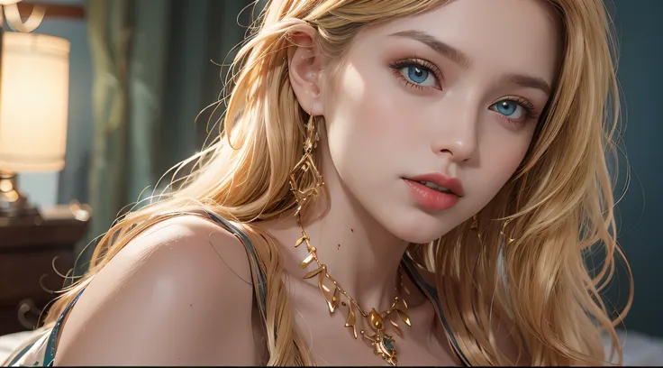 Portrait medium shot of blonde Scandinavian goddess lying on a fireplace, licking her lips, rosto de Elsa Hosk, (peitos grandes:1.5), decote profundo, large elaborate amber necklace, revelando vestido de seda azul vagabundo, olhos azuis claros, cabelo ondu...