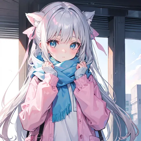 Gray pink Bangulu green pupils，Wear a silver-white jacket and pink sweater，Wearing a blue scarf，Its a cute girl