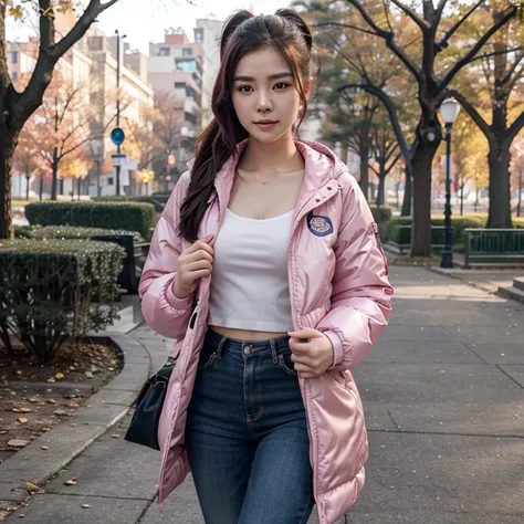 (best quality,realistic),21-year-old,chinese gamer girl,big chest,cute,fit body,winter jacket (pink),walking,park