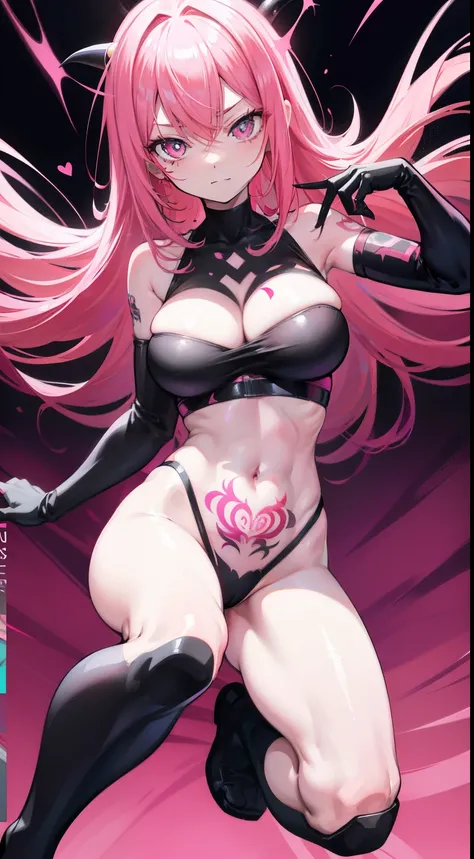 In the world of hell，Pink haired girl wearing symbiote suit，A bright pink style tattoo on the lower abdomen，bright pink pupils，Charming frontal pose，Wearable，liquidull body detail 4K，Its like a dream，and its detailed full-body detail 4K