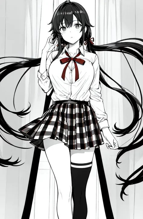 yukino yukinoshita, absurdres,  highres, solo, school uniform, big breasts, waist long black hair, twintails, miniskirt, black thighhigh socks, loose red ribbon, unbuttoned white shirt