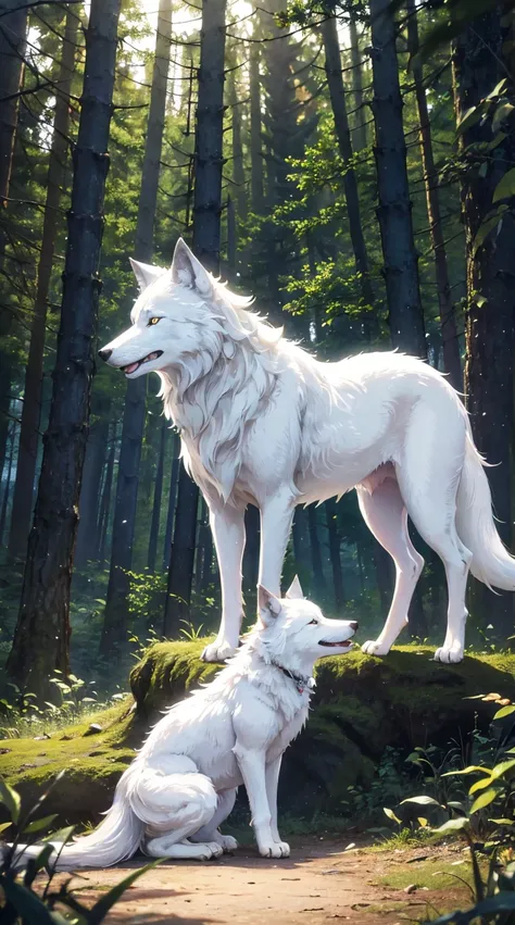 A white dog stands next to a tree in the forest, Photos inspired by Wolfhuber, unsplash, conceptual art, photo of wolf, White wolf, wolves and their treasures, Wolf companion, looking majestic in forest, Great Wolf, wolf, lone wolf, Still from Nature Docum...