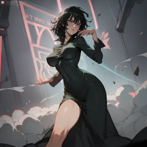 Anime art style, Fubuki from one punch man, green hair, white skin, wearing V-neck dress, cinematic lights, blushing cheeks, smilling, (( named Emma), ((A very cute caucasian girl poses boldly on fashion stage), neon, 1 girl, (milf), (long beautiful face),...