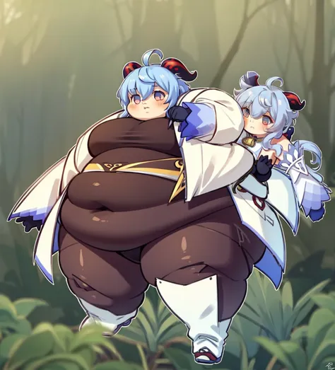 masterpiece, high quality,4k, obese ganyudef, chibi, full body, forest background, high details, fat ganyurnd, fat ganyu