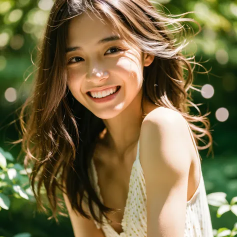 woman posing for a photo, Laugh, Happy, Long hair, Straight hair, finely detailed skin, during the day, Hot summer days, Nature lighting, Detailed face:1.2, Sharp Focus, Hasselblad photo, masutepiece, Light makeup, Cinematic lighting, 4K, Best Quality