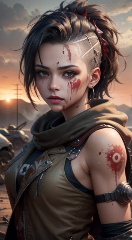 Quality (photo realistic style, UHD, 16k, Textured skin, superdetail, hight resolution), handsome girl, The perfect female face, 詳細な目, mohawk, (blood on the face: 1.2), apocalyptic world in the background