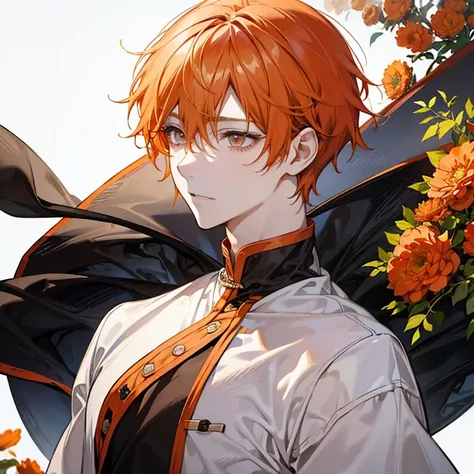 Orange hair、short-hair、main character hair、neuter、Orange eyes、Shining eyes、((male people))、A slight smil、Calm、sano、Full body like、white t-shirts、Black gilet、White background