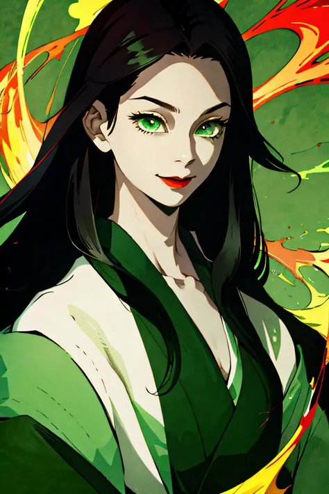 The woman, High, black  hair, Loose straight hair,,,, hairlong,  all black kimono, , narrow eyes, green colored eyes, small nose, red-lips, ssmile, big breastes