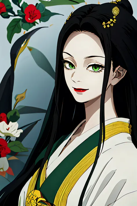 The woman, High, black hair, Loose straight hair,,,,, hairlong, all black kimono, , narrow eyes, green colored eyes, small nose, red-lips, ssmile, big breastes, neckline on the chest