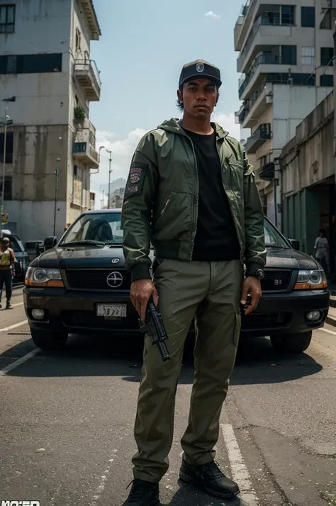 Airsoft player in the style of Grand Theft Auto from Brazil, looking like a gangsta, holding a gun, standing behind a car in a city in brazil, Christ the Redeemer statue in the background