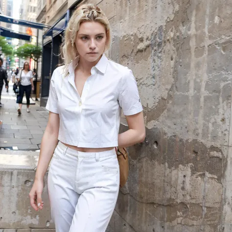 Female supermodel wears a white blouse, navy blue pantsuit and walks along Wall Street in Manhattan