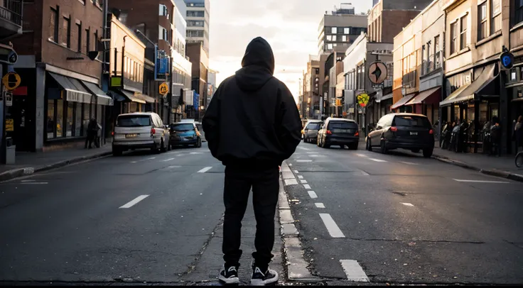 man oversize hoodie, black basecap, backview, model, full body seen, modern, hyper realistic, hdr, 4k, big city street scene, dramatic light