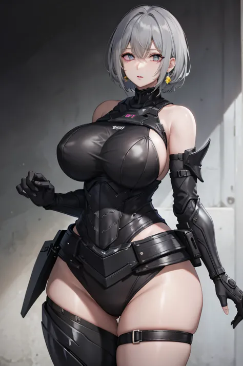 amania_orz armor_core armored_core_6 air_(Armored_core_6) 1 girl black_sleeve chest bright_student copyright_name cowboy_shot detached_sleeve earrings gray_hair hair_Bland_eye jewelry large_breasts looking_で_viewer parted_Lips red_eyeshadow short_Simple ha...