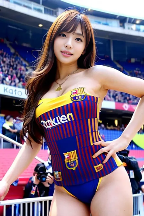 1girl in, length hair, Very Clean Face, hairstyle on, ((Barcelona football jersey)), Tops and bikinis, Colossal tits, big butts, (Curvaceous), professional make up, a necklace, Vacation at the football stadium, (cyberpunked), Dinamic Light, dynamic ungle, ...