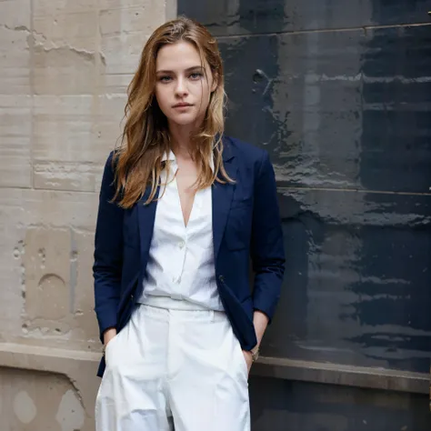 female supermodel wears navy blue pantsuit and  a white blouse. wall street in manhattan