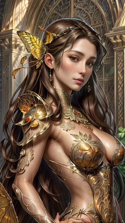 8k portrait of sexy, feminine woman with brown hair, intricate, elegant, highly detailed, majestic, digital photography, half-length shot, Art by Artgerm and Ruan Jia and Greg Rutkowski Surreal painting filigree golden butterfly, broken piece, side lightin...