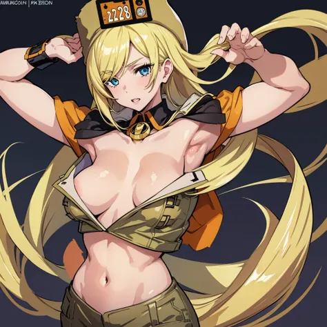 nsfw, masterpiece,(1 boy, pov hands, grab breasts: 1.3) , arms up,blush,large breasts,megami magazine,Millia Rage,guilty gear strive,