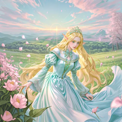 (Elf Princess+Gentle and deling dress in bright colors,Brilliant light,Smooth long blonde hair+Bright and welcoming eyes)+(Pink petals+Gentle breeze+with blue sky and white clouds+green woods)