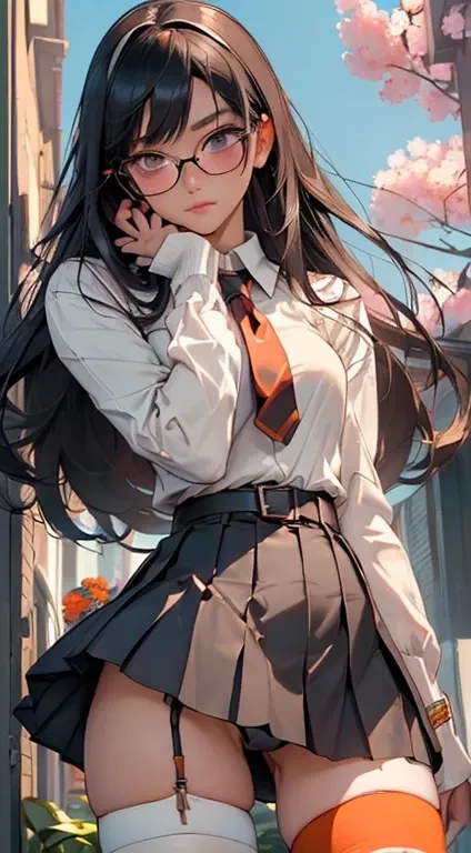 (Long black straight hair)、 Standing facing the front 、Full body posture、 (A detailed eye、二重まぶた、eye glasses、embarrassed from)、 (School Uniforms:1.3)、(tight mini pleated skirt:1.3)、(Skirt lift:1.3)、(Showing white tight micro panties:1.3)、(garterbelts:1.3)、(...