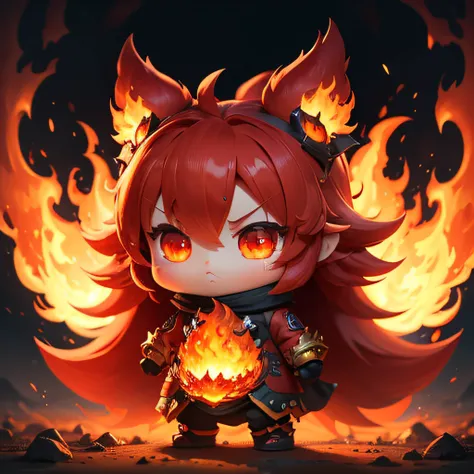 Cute chibi monster with fire attribute, A monster covered in flames, A large flame tornado appears behind it., (masutepiece), (Best Quality), (ultra high detailed)