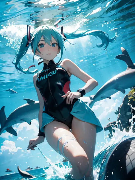 miku hatsune,scuba,a dolphin,Under the sea,Beautiful breasts,wet suit,snorkel