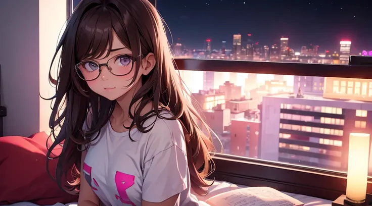 Masterpiece, best quality, 1 girl, brown wavy hair, glasses, white tee shirt, pink underwear, on bed, looking at viewer, sexy, blushing, in front of window, city at night, neon, 80s, synthwave