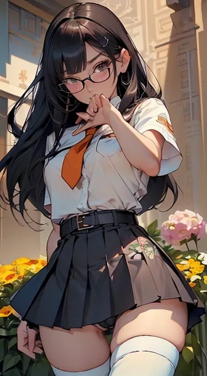 (Long black straight hair)、 Standing facing the front 、Full body posture、 (A detailed eye、二重まぶた、eye glasses、embarrassed from)、 (School Uniforms:1.3)、(tight mini pleated skirt:1.3)、(Skirt lift:1.3)、(Showing white tight micro panties:1.3)、(garterbelts:1.3)、(...