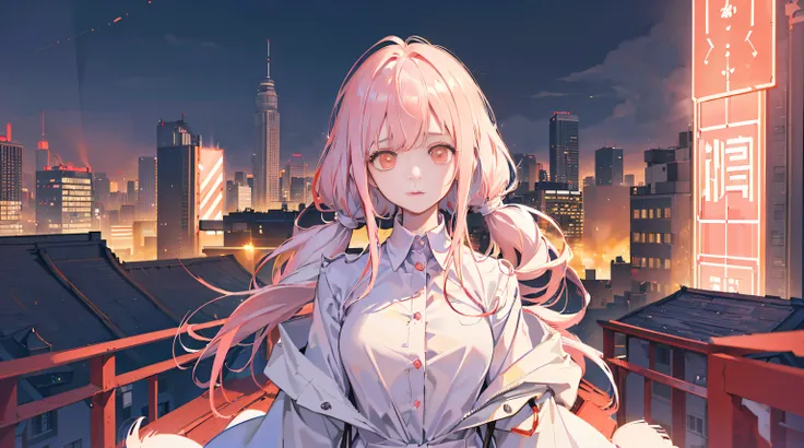 1 busty girl, Alone, change, small, (exceedingly_long_Pink_the hair), pigtails, (Red_In the eyes_, (The white_The shirt:1.5), (wind coat), glowing_eyed, Background with_optics, (looking over city:1.5), (neon_Lamp light:1.2), (scienc), cyber punk personage,...