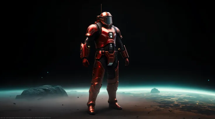 Science fiction Space soldier, big bulky armour red in colour, 4K, realistic, Metallic textures on armour, highest quality, redshift rendering, cinematic, elegant, surreal, octane rendering, unreal, HD, very detailed, photos taken with Sony a7R camera, DSL...