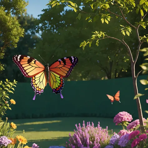 A rainbow butterfly flying in the garden before a house, very detailed, 4K realistic