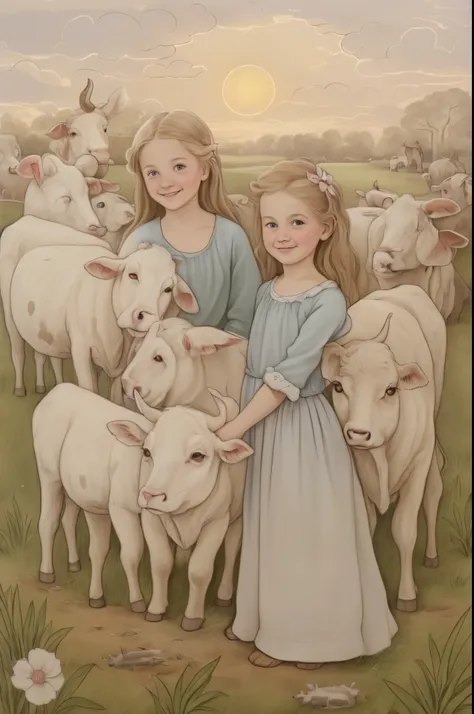 There are two girls standing in front of the sheep, beautiful painting of friends, traditional art, childrenbook illustration, official illustrations, taur, children illustration, childrens book illustration, Inspired by Laurie Lipton, by Cynthia Sheppard,...