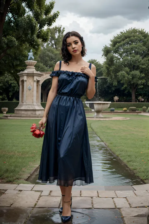 Girl about 25, looks like Ornela Mutti, with black short curly hair, a little bit sad, red-lips, high detail, standing in front of an old fountain in the garden, paved floor near the arch, the girl is wearing a blue pleated silk translucent dress with a de...