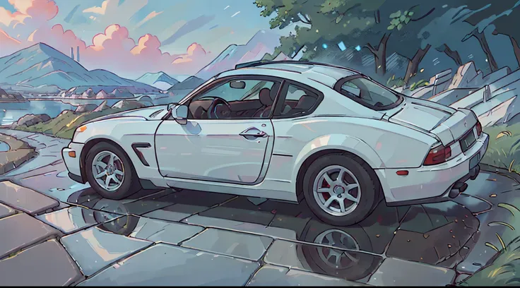 (best quality,high resolution:1.2), ultra-detailed, (realistic:1.37) car, beautiful outdoor scenery, detailed reflections on the cars surface, high-quality and precise painting, vibrant colors, natural lighting, with a girl next to it. A white car, a Briti...