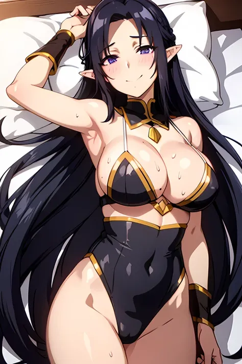 gamma, black hair, pointy ears, purple eyes, white bikini, beach, large breasts, very long hair, erotic, elf, sweat over body, blush, smile, lay down bed with hands up expose armpits