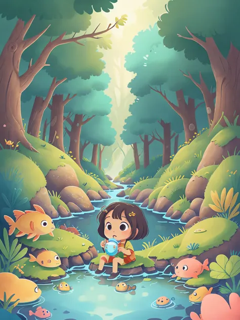 little girl drinks water from a clear stream，fish swimming around in the water，