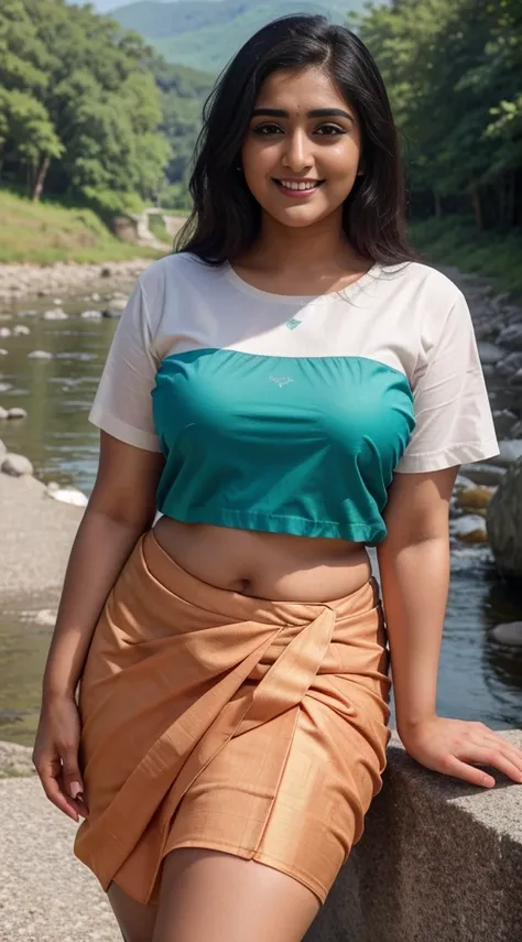 Nivetha Thomas 26 years old beautiful different face cute sexy Indian girl, curvy plus size figure, beautiful different color covered t-shirt blouse design Banarasi design saree, big m-cup tight breast, different hairstyle, bright eyes, thin eyebrows, fair...