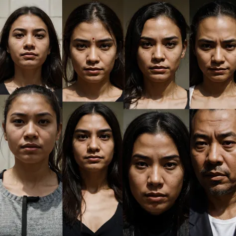 A collage of different faces, expressions, and emotions of people who have experienced human rights violations, such as torture, slavery, or genocide, in the style of Ai Weiwei’s portraits of political dissidents.