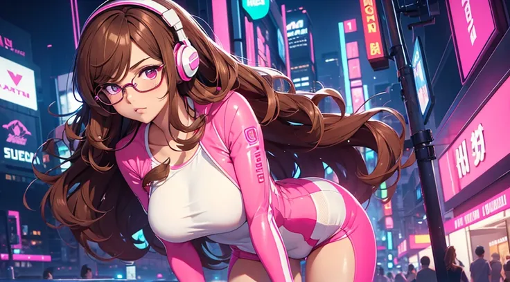 Masterpiece, best quality, 1 girl, brown wavy hair, glasses, white tee shirt, pink body suit, headphones, looking at viewer, sexy, alluring, city at night, neon, 80s, synthwave