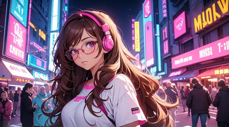 Masterpiece, best quality, 1 girl, brown wavy hair, glasses, white tee shirt, pink body suit, headphones, looking at viewer, sexy, alluring, city at night, neon, 80s, synthwave