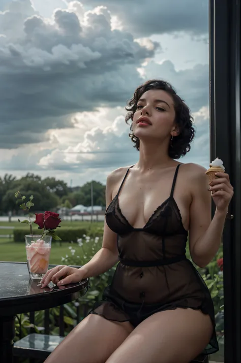 Girl about 25 years old, Marilyn Monroe, but with black short curly hair,  sitting at a table, eats ice cream in a wide crystal glass, decorated garden with red roses, in pink silk translucent lingerie. overcast weather, the wind, Storm clouds in the sky, ...