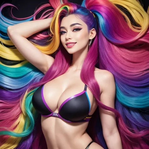 big hair,
color: spectrum,
hair extensions,
lip filler, rainbow bra
rainbow hair,
very long hair,
vivid colors, large breasts, smile