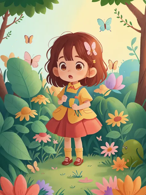 little girl  surprised to see colorful flowers in the garden，strange fruit，shining butterflies，