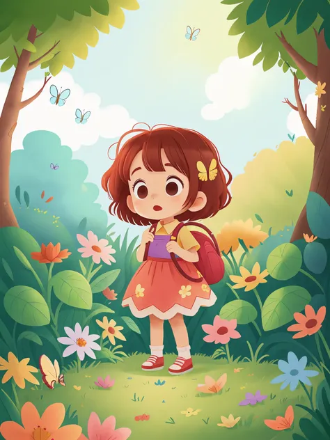 little girl  surprised to see colorful flowers in the garden，strange fruit，shining butterflies，