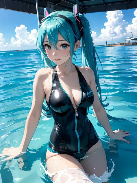 miku hatsune,Swim with dolphins on the ocean floor,Beautiful breasts,Diving suit,snorkel,Sand