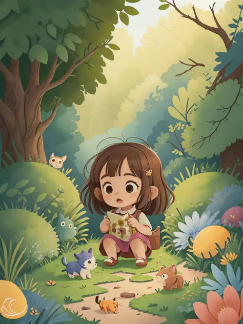 little girl playing with animals in the garden，