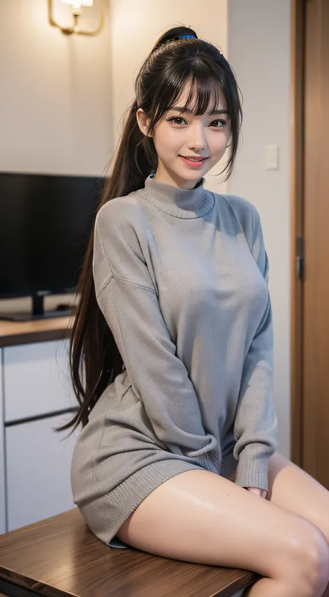 (((dynamicposes))), (((Dressing))), (((clothing reliable:1.5))), (((Gray sweater dress)), Wear yours with jeans，Smiling smile, 1 girl in, 独奏, 18yr old, 6headed body, plump body proportions, (Composition looking up from below), ((ErectionExy body, Wet with,...